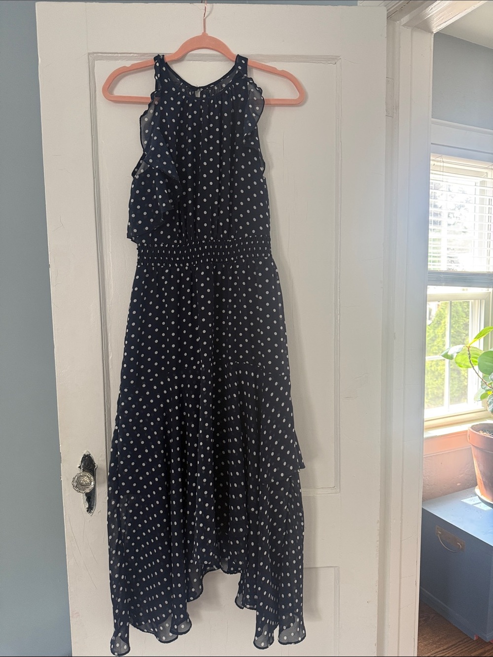 Vince Camuto Navy Polka Dot High-Low Ruffle Maxi Dress